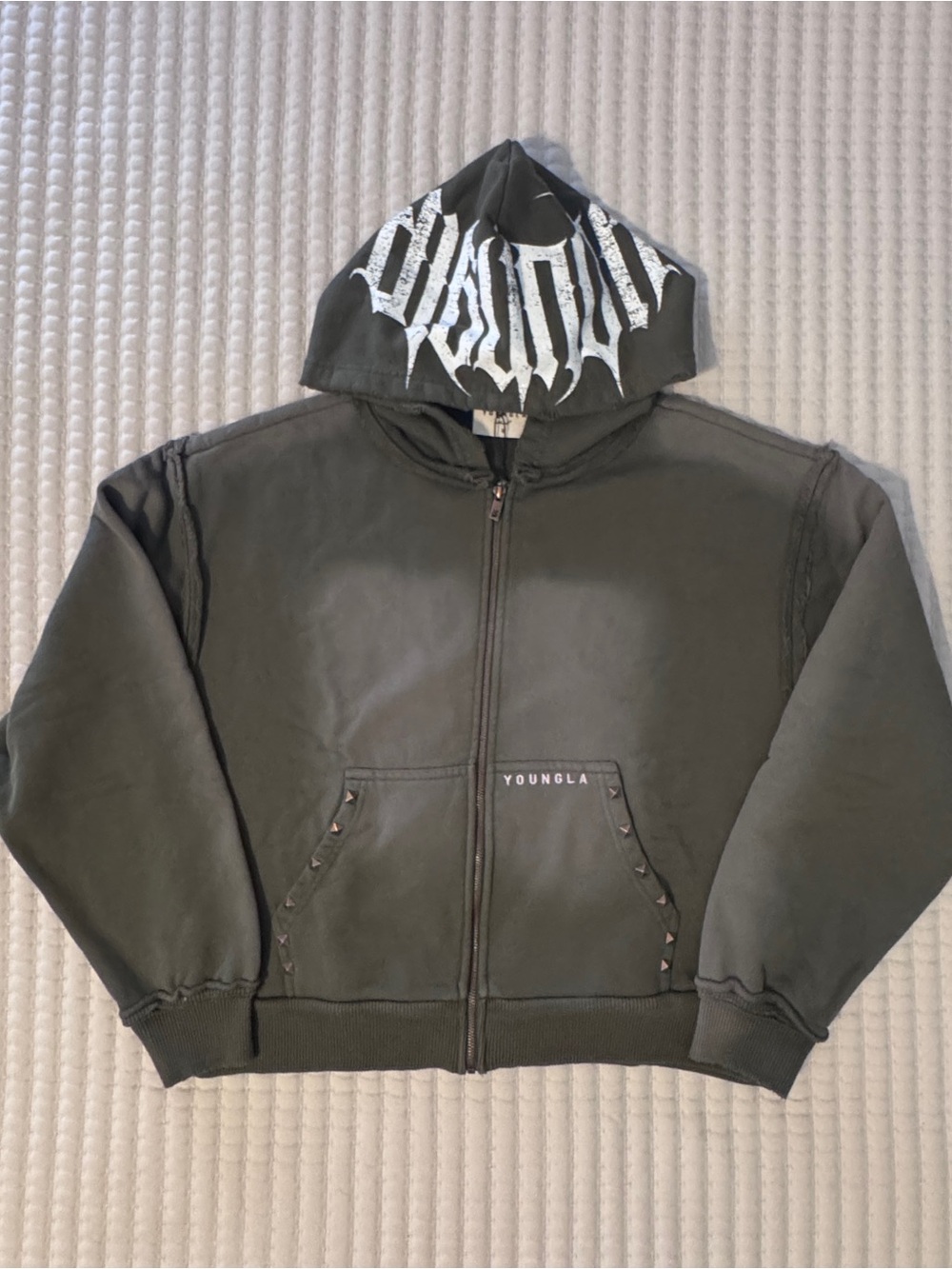 YoungLA Men’s Deconstructed Terry Hoodie Olive Green Small